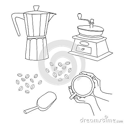 Coffe hand drawn monochrome set. Geyser coffee maker, manual coffee grinder, coffee scoop cup of coffee Vector Illustration